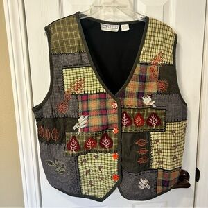 Dress Barn 2XL Patchwork Fall Plaid Corduroy Panel Button Vest Embroidered Y2K